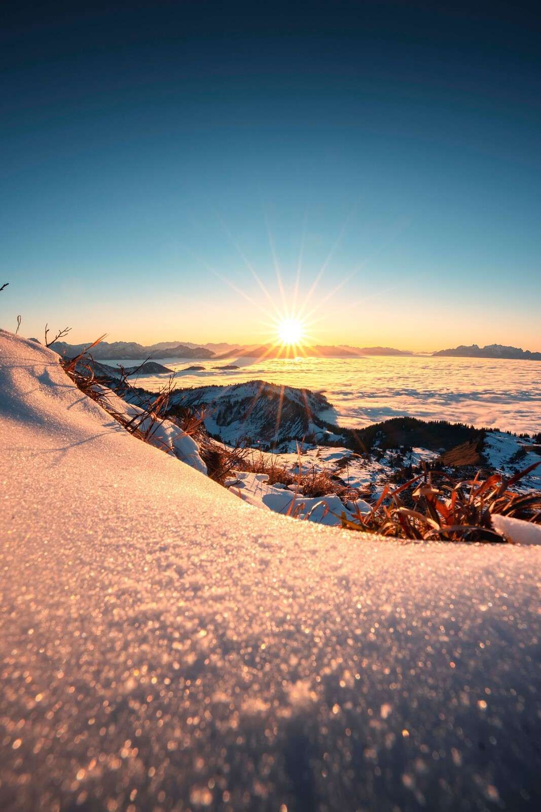 Solstrålar över snöklädd alpbacke