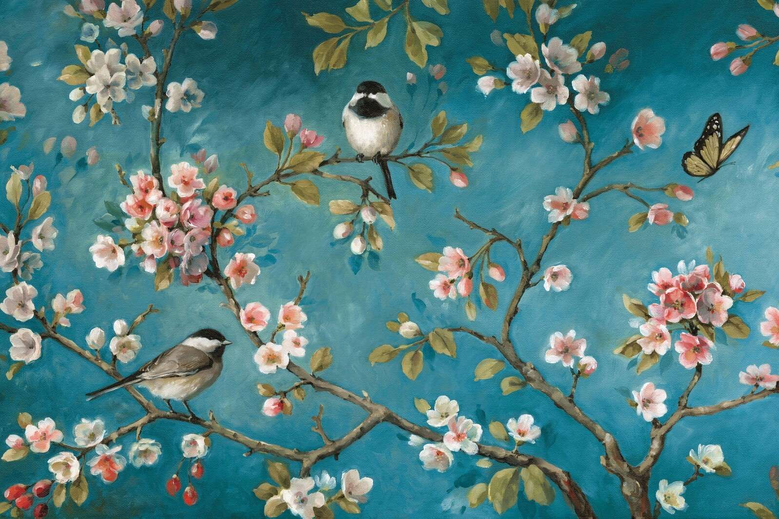 Blomstrende grener med kjøttmeiser og sommerfugl