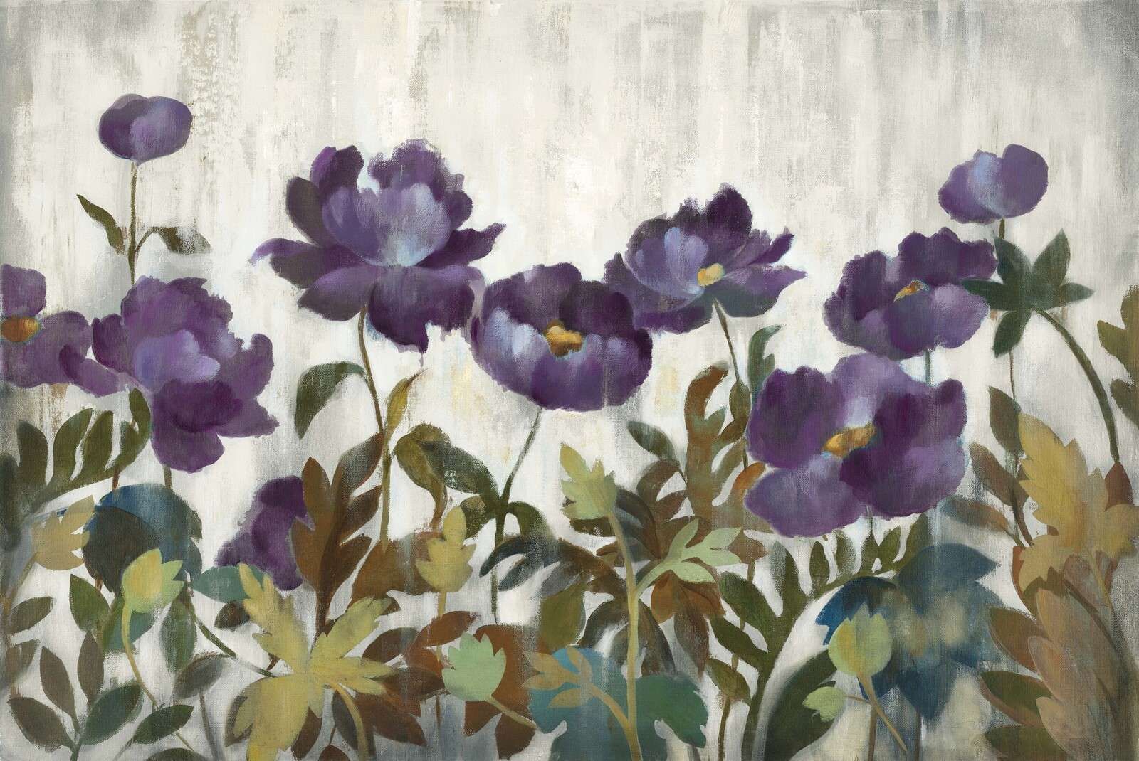 Dyp lilla blomsterprakt i bladskygge.