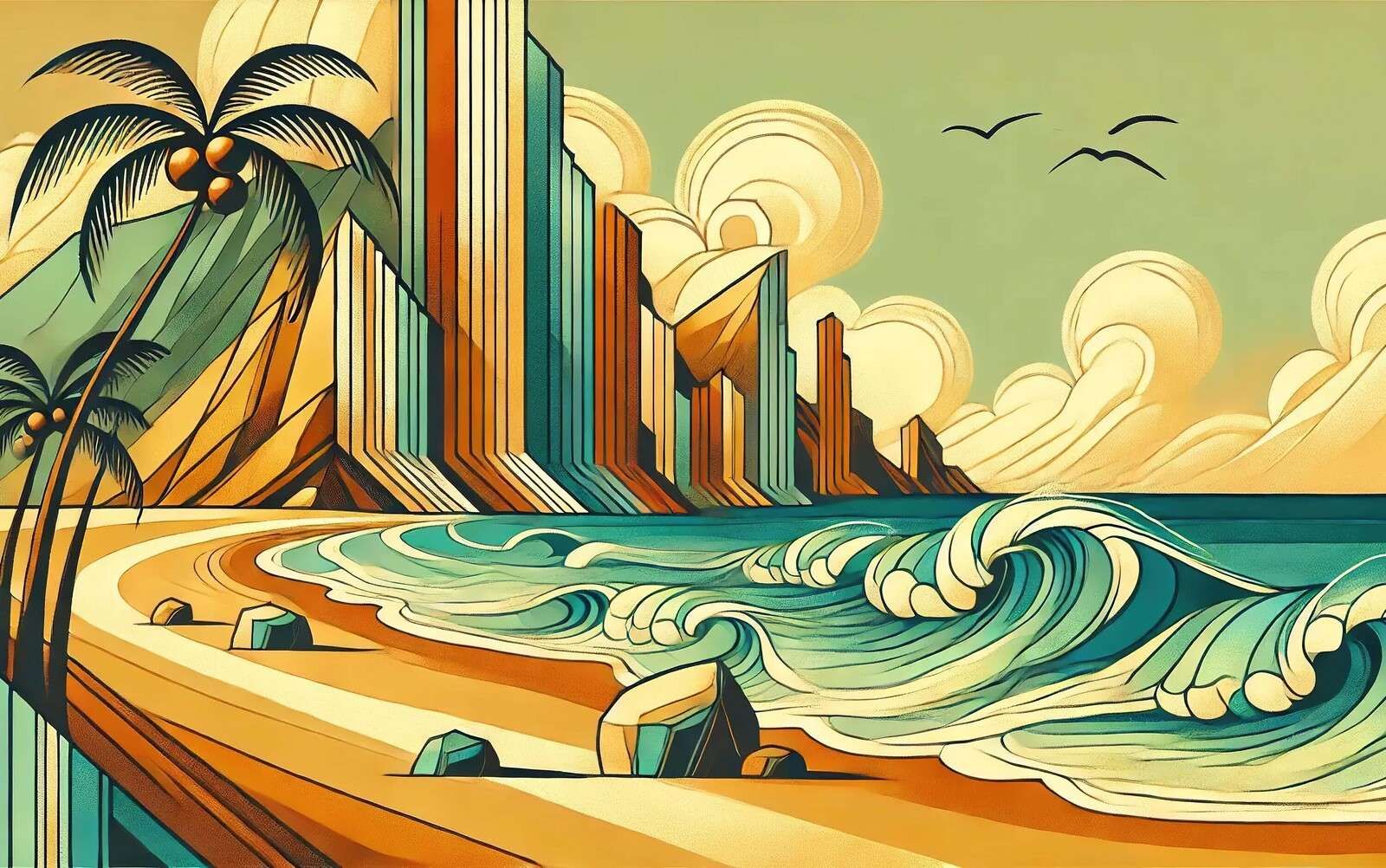 Bølger ved en tropisk art déco-kyst.