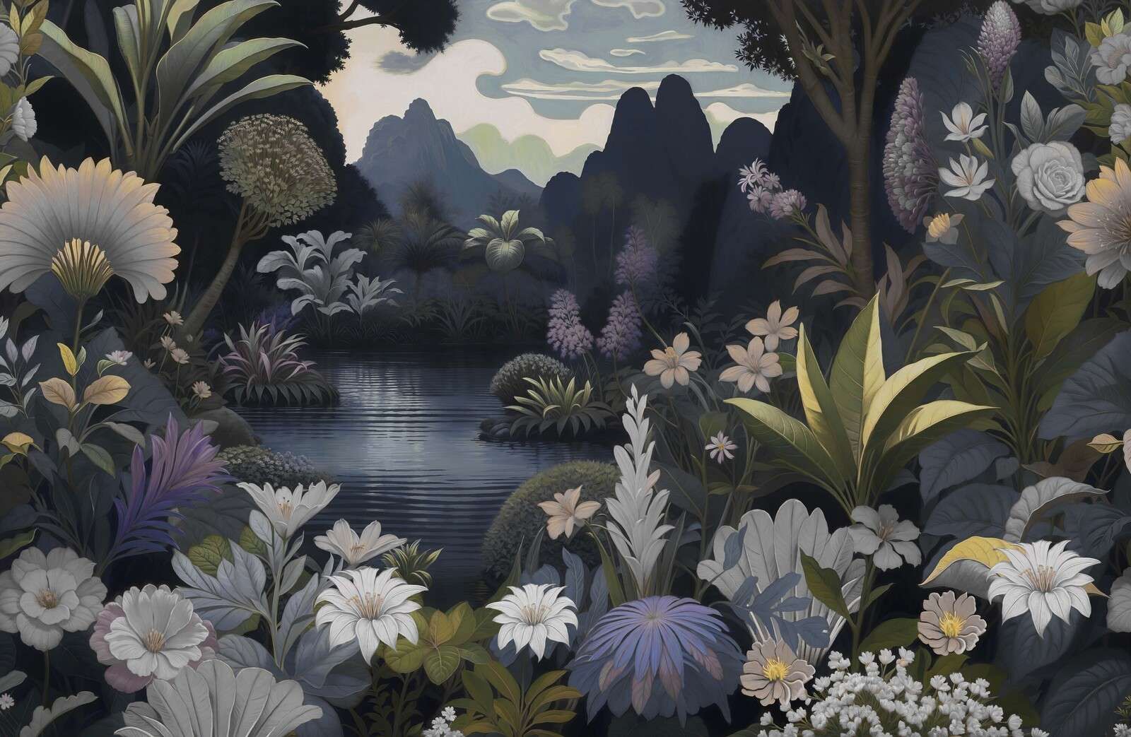 Mystiskt berglandskap med blomster-sjö