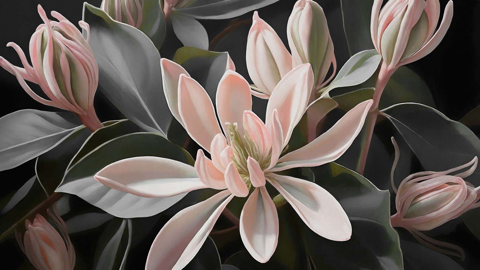 Bløde magnoliablomster på mørk