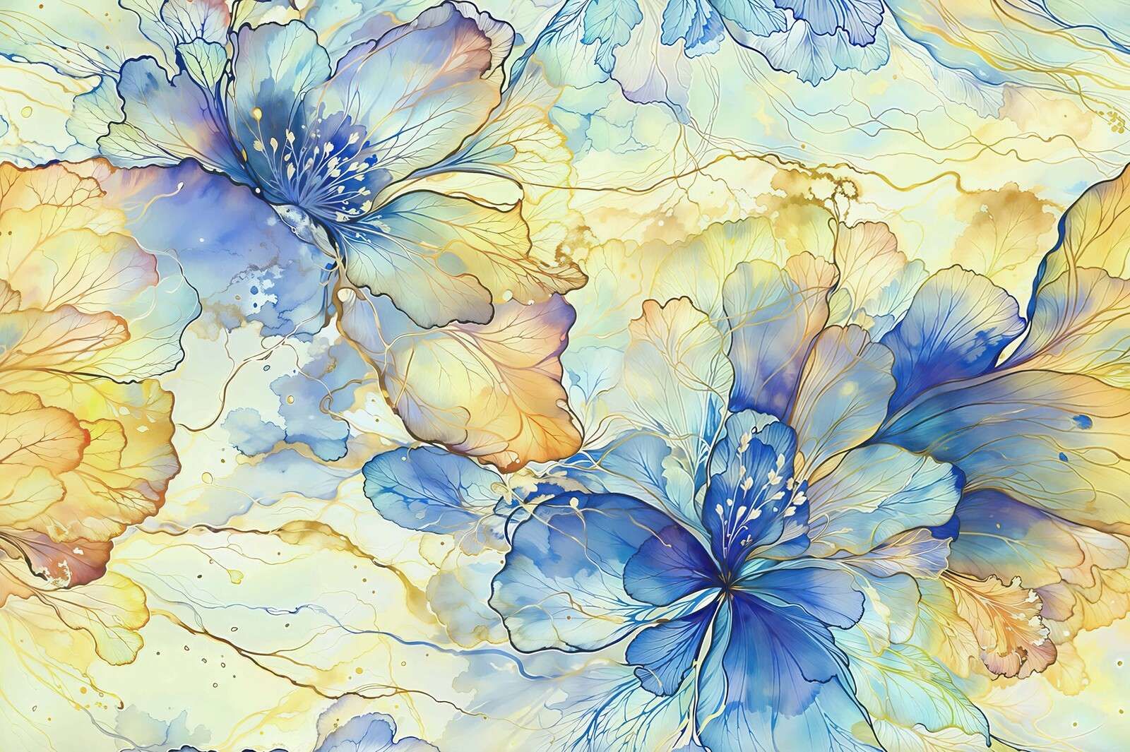 Akvarelblomster i blå og guld