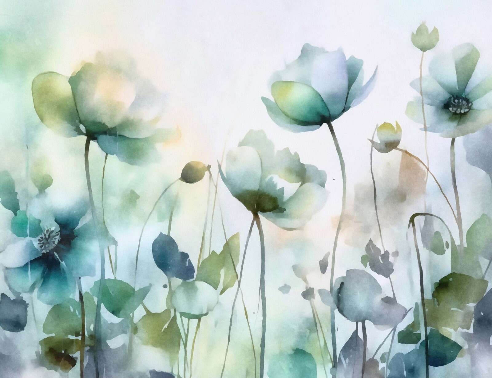 Eteriska ängsblommor i akvarell blågrönt