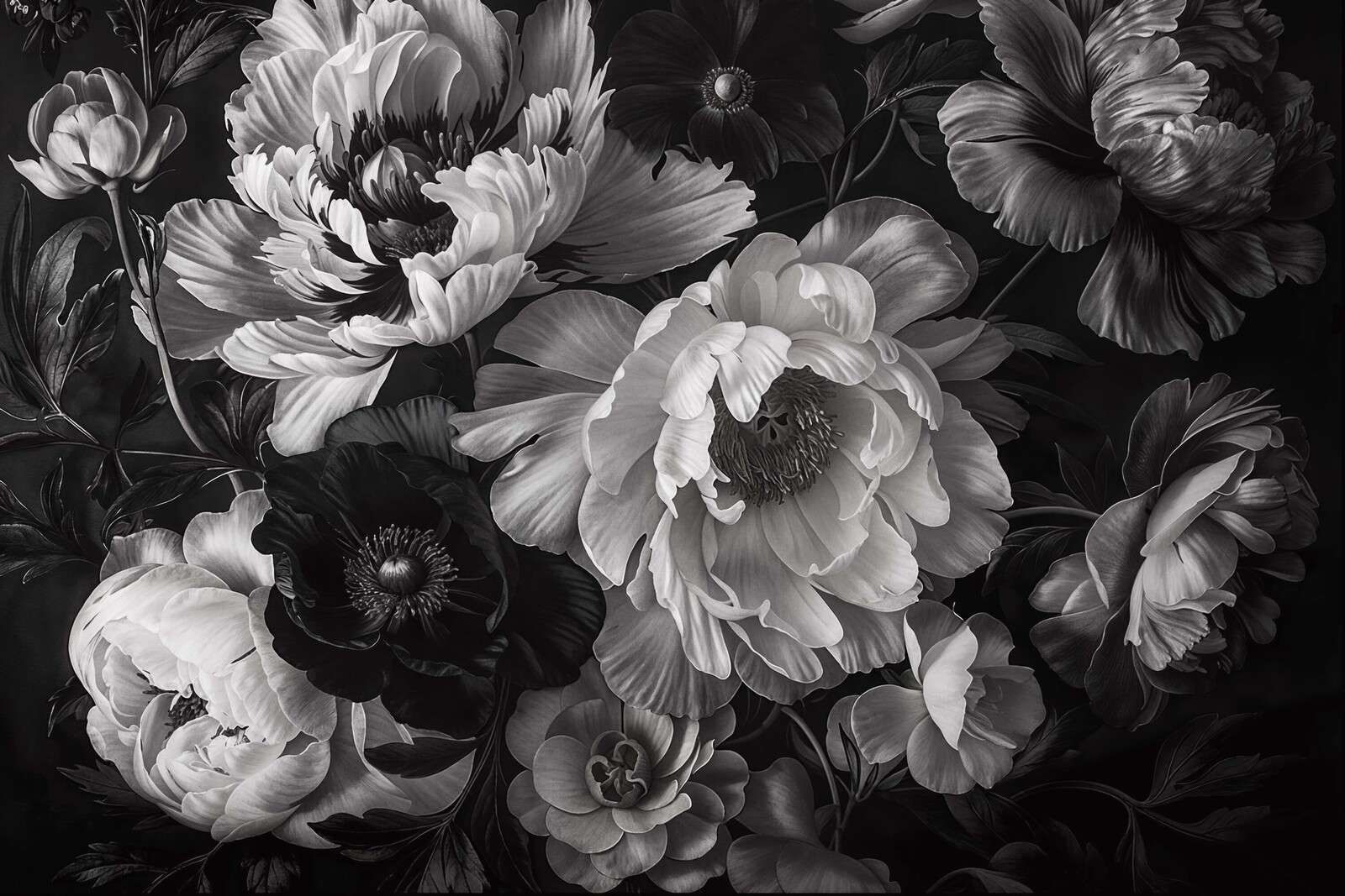 Barock maximalistisk blomsterträdgård i gråskala