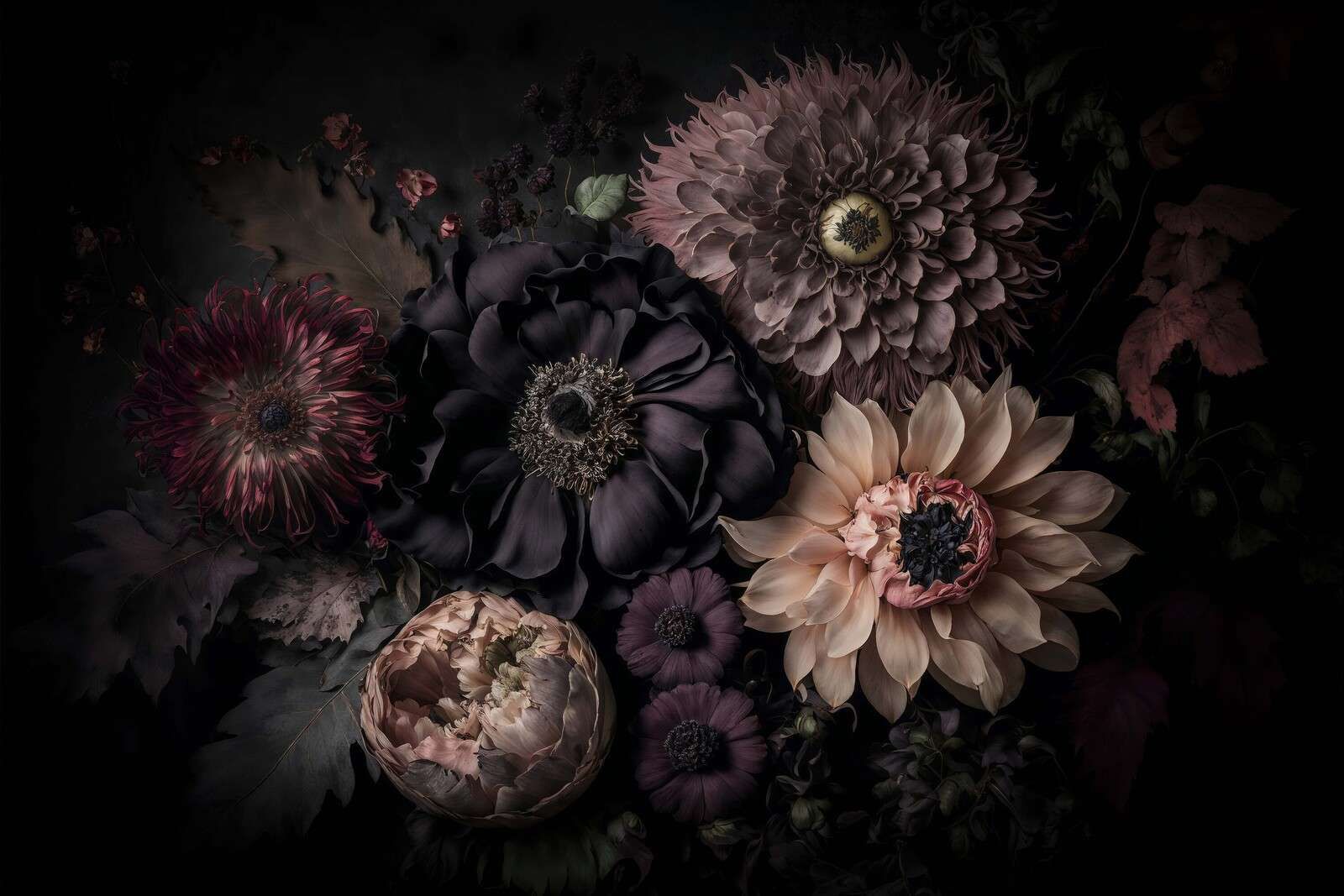 Mørke, stemningsfulde blomster i boheme-luksus