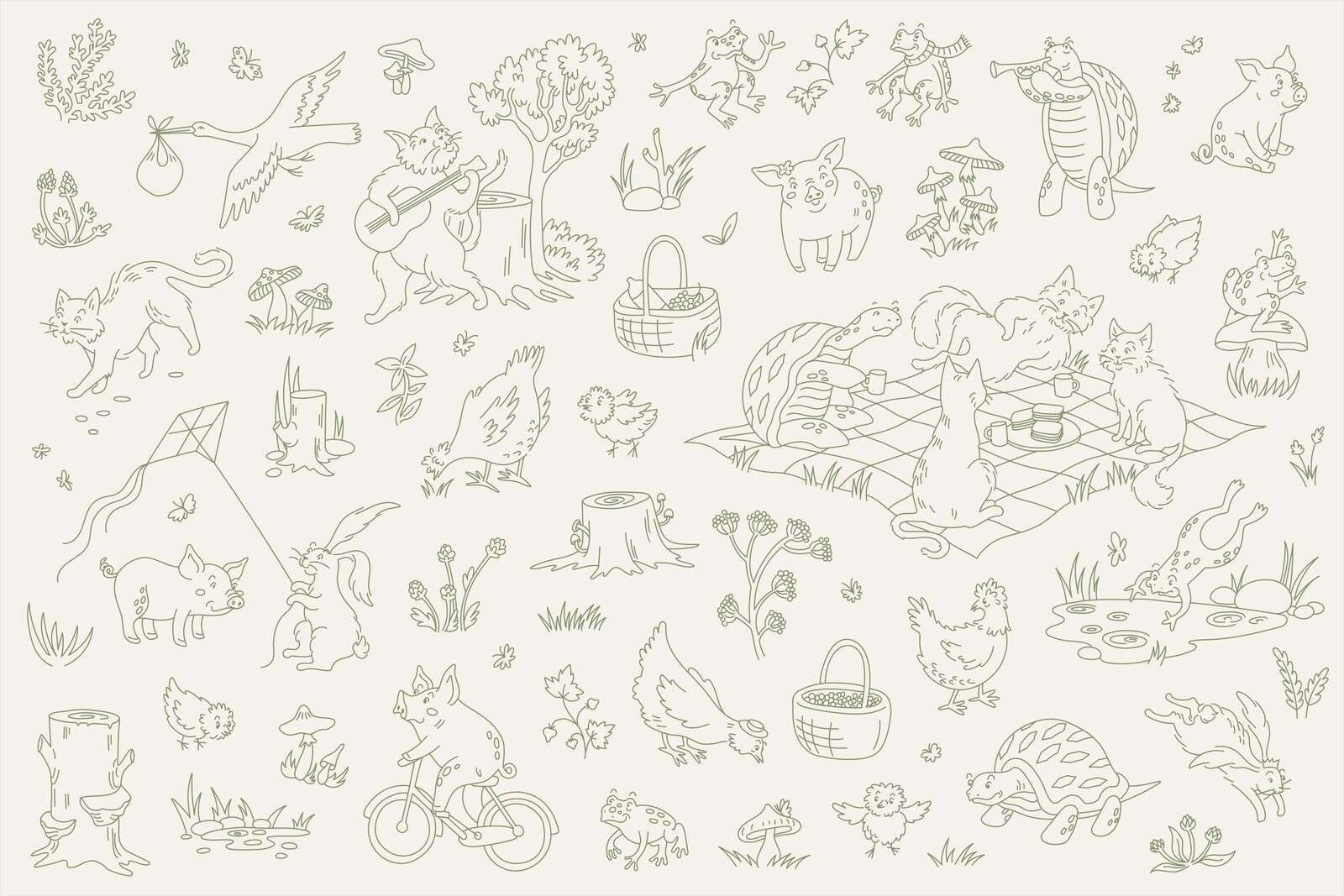 Skogsdyr rolig beige og mørkegrønn